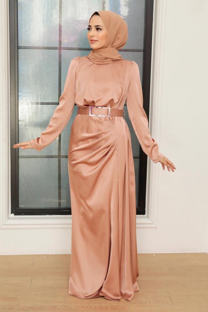 Tesettürlü Abiye Elbise - Robe de Soirée Hijab en Satin Beige 3606BEJ - 3