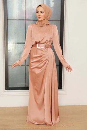 Tesettürlü Abiye Elbise - Robe de Soirée Hijab en Satin Beige 3606BEJ - 2
