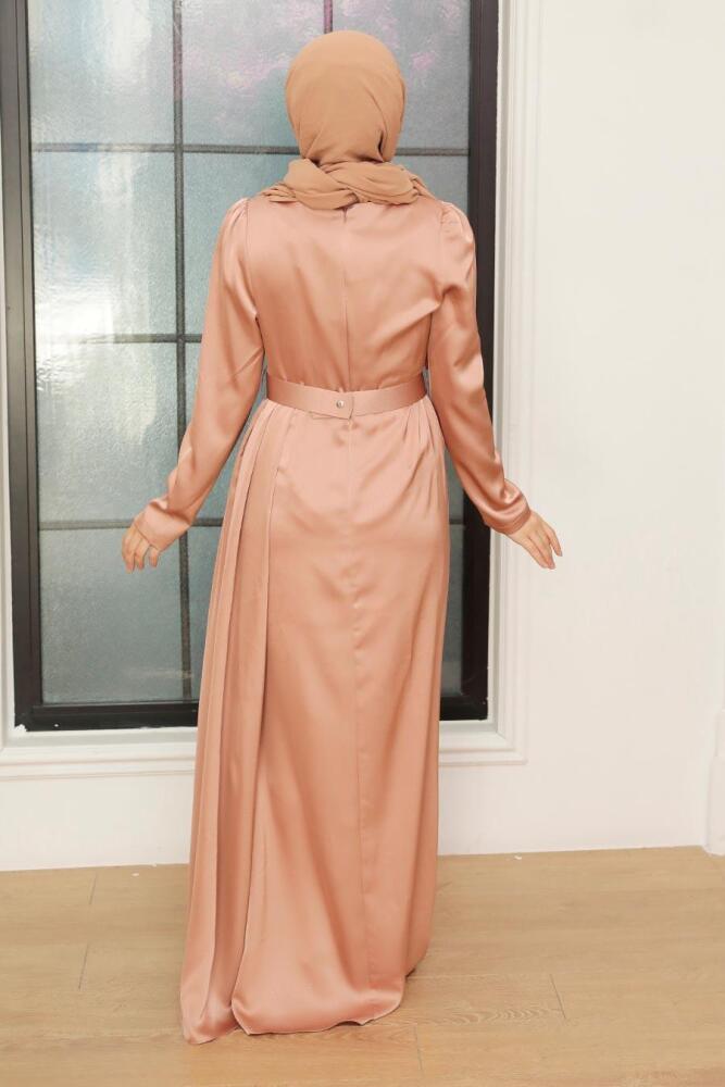 Tesettürlü Abiye Elbise - Robe de Soirée Hijab en Satin Beige 3606BEJ - 4