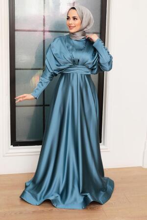 Tesettürlü Abiye Elbise - Robe de soirée hijab en satin bleu pétrole 22470PM - 1
