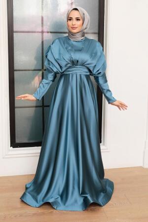 Tesettürlü Abiye Elbise - Robe de soirée hijab en satin bleu pétrole 22470PM - 2