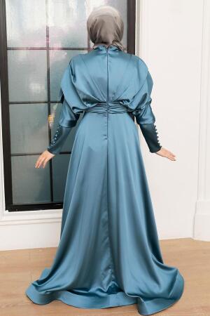 Tesettürlü Abiye Elbise - Robe de soirée hijab en satin bleu pétrole 22470PM - 3