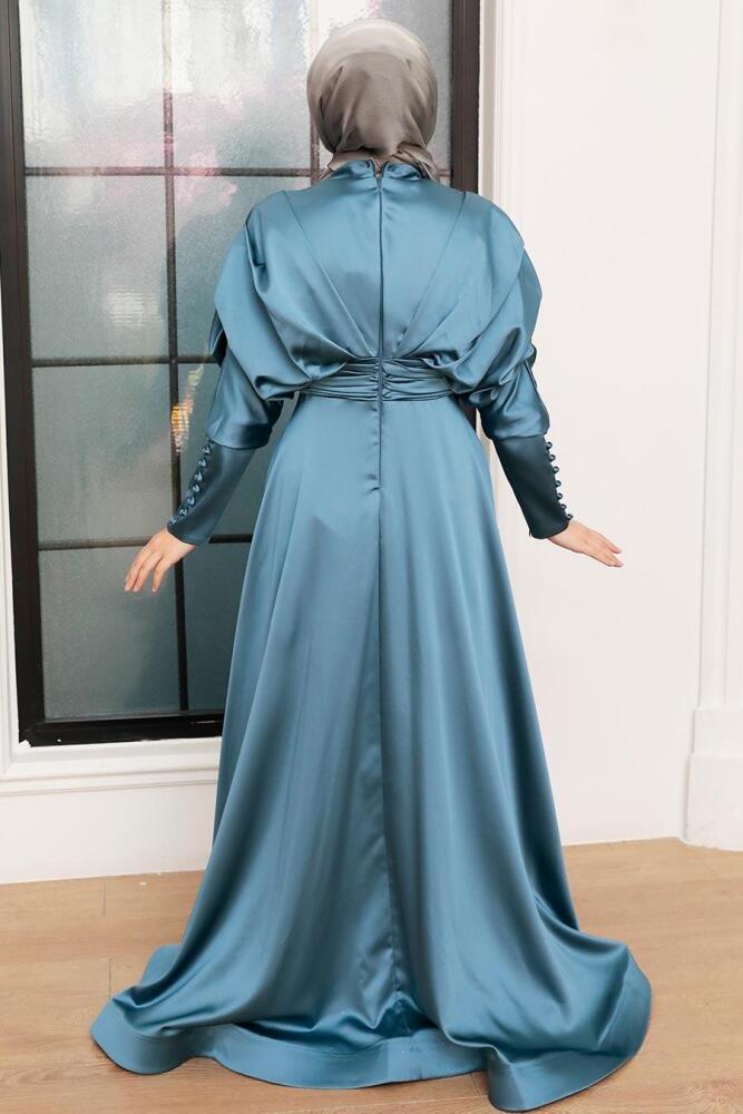 Tesettürlü Abiye Elbise - Robe de soirée hijab en satin bleu pétrole 22470PM - 3