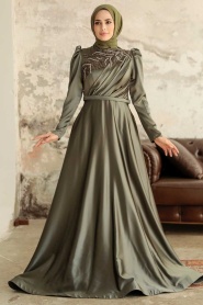 Tesettürlü Abiye Elbise - Robe de Soirée Hijab en Satin Kaki 22401HK - Thumbnail
