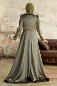 Tesettürlü Abiye Elbise - Robe de Soirée Hijab en Satin Kaki 22401HK - Thumbnail