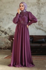 Tesettürlü Abiye Elbise - Robe de Soirée Hijab en Satin Rose Foncé 25822KGK - Thumbnail