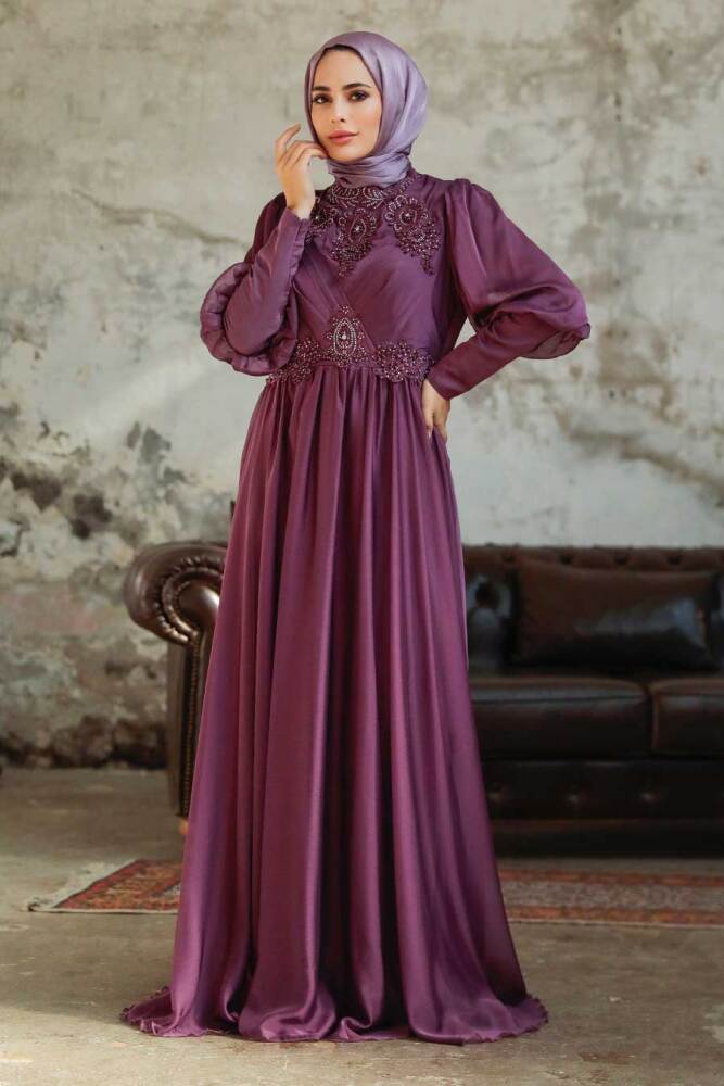 Tesettürlü Abiye Elbise - Robe de Soirée Hijab en Satin Rose Foncé 25822KGK - 2
