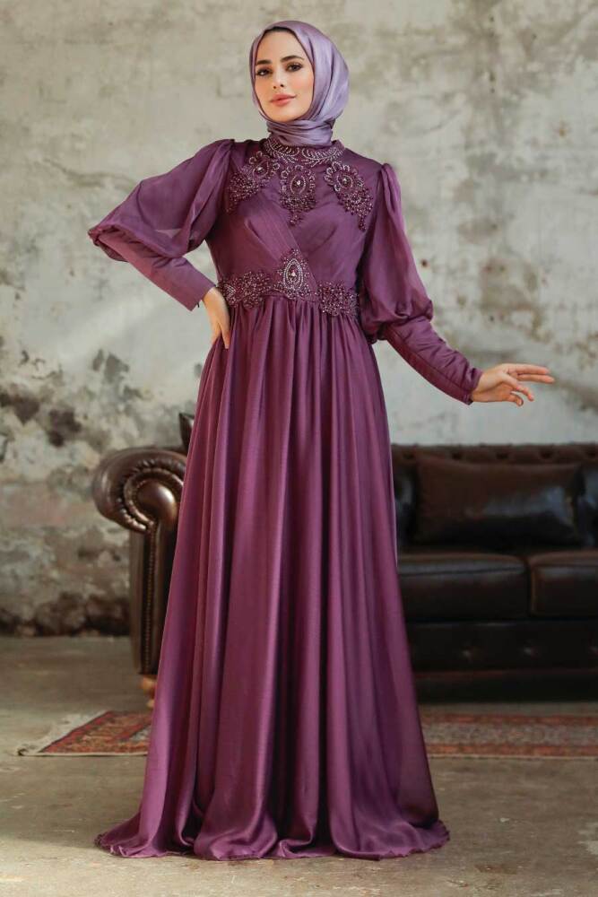 Tesettürlü Abiye Elbise - Robe de Soirée Hijab en Satin Rose Foncé 25822KGK - 1
