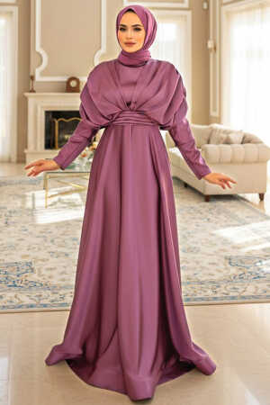 Tesettürlü Abiye Elbise - Robe de Soirée Hijab en Satin Séché Rose Foncé 22470KGK - 1
