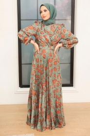 Tesettürlü Abiye Elbise - Robe de Soirée Hijab en Satin Vert 34530CY - Thumbnail