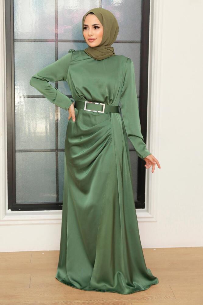 Tesettürlü Abiye Elbise - Robe de Soirée Hijab en Satin Vert 3606CY - 2