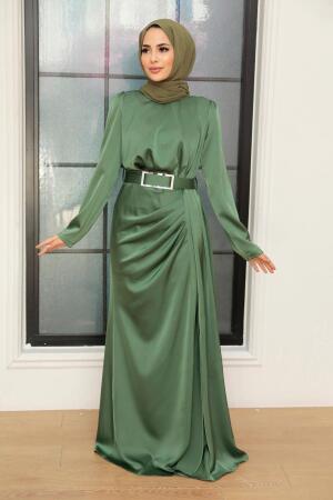 Tesettürlü Abiye Elbise - Robe de Soirée Hijab en Satin Vert 3606CY - 1