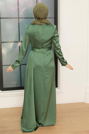 Tesettürlü Abiye Elbise - Robe de Soirée Hijab en Satin Vert 3606CY - 3