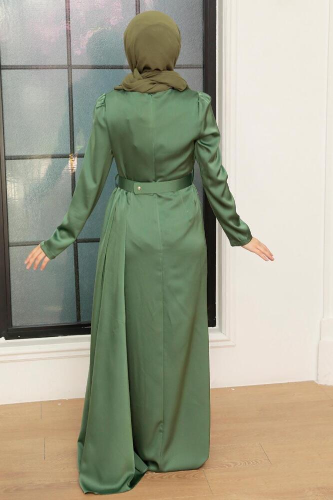 Tesettürlü Abiye Elbise - Robe de Soirée Hijab en Satin Vert 3606CY - 3