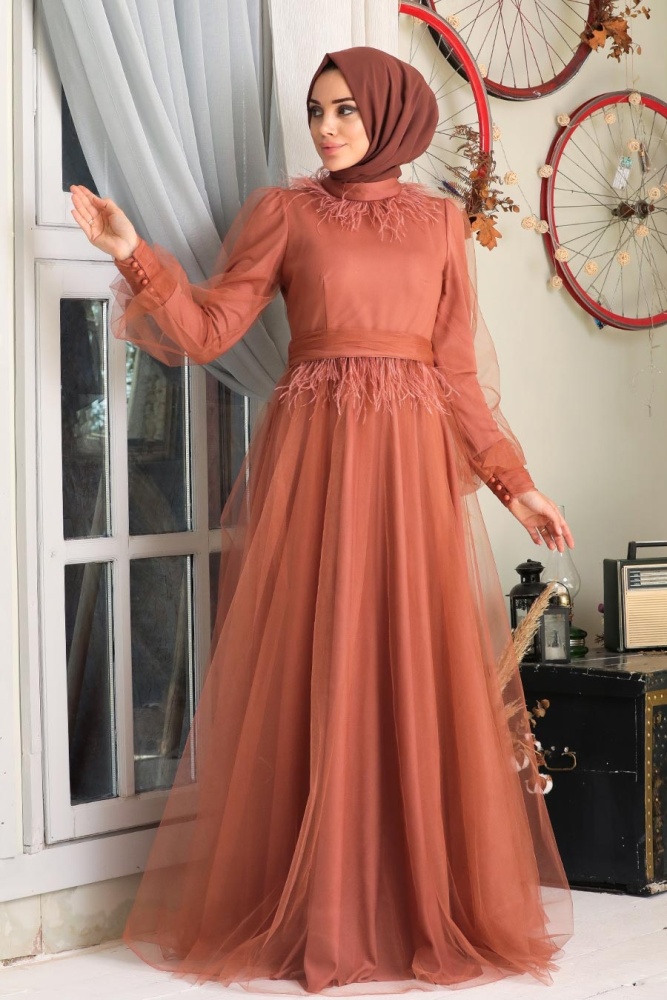 Tesettürlü Abiye Elbise - Robe de soirée hijab en terre cuite 21720KRMT - 1