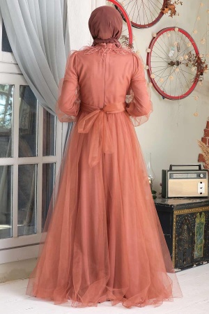 Tesettürlü Abiye Elbise - Robe de soirée hijab en terre cuite 21720KRMT - 2