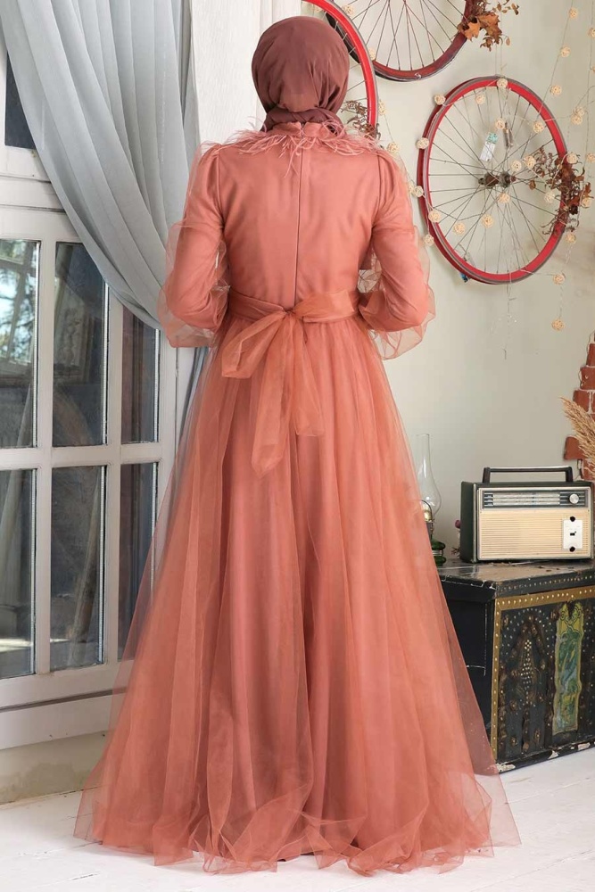 Tesettürlü Abiye Elbise - Robe de soirée hijab en terre cuite 21720KRMT - 2