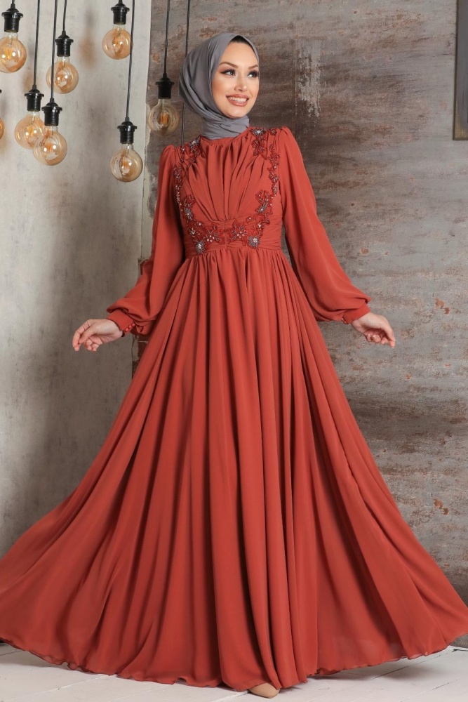 Tesettürlü Abiye Elbise - Robe de soirée Hijab en terre cuite 21921KRMT - 1