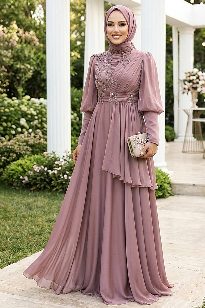 Tesettürlü Abiye Elbise - Robe de soirée hijab en terre cuite 21930KRMT - 1