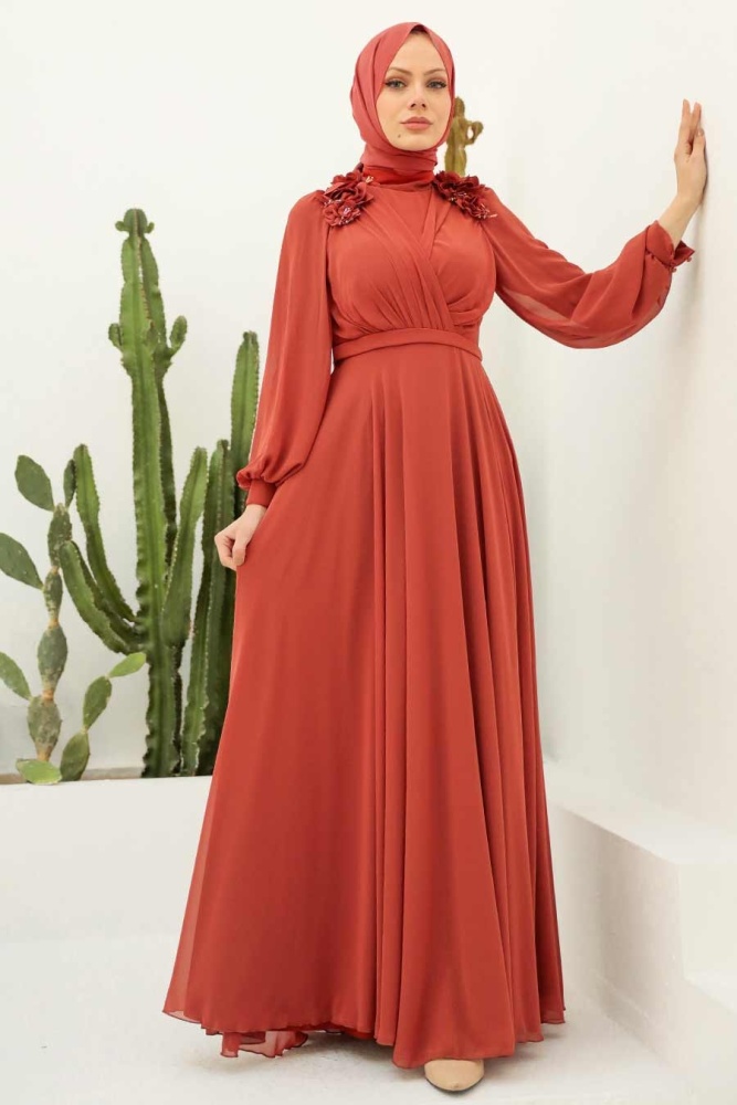 Tesettürlü Abiye Elbise - Robe de soirée Hijab en terre cuite 22232KRMT - 1
