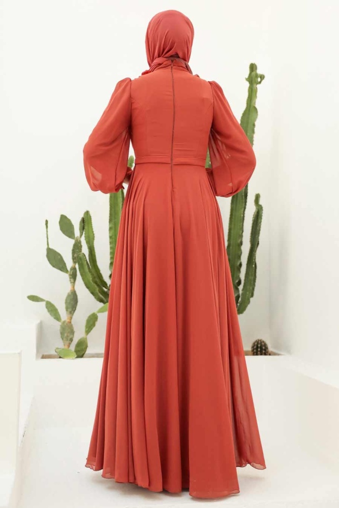 Tesettürlü Abiye Elbise - Robe de soirée Hijab en terre cuite 22232KRMT - 2