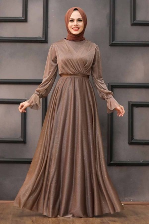 Tesettürlü Abiye Elbise - Robe de soirée hijab en vison foncé 22202KV - 1