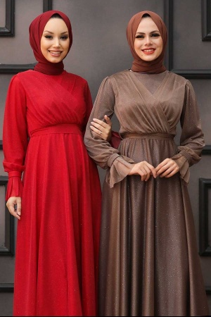Tesettürlü Abiye Elbise - Robe de soirée hijab en vison foncé 22202KV - 2