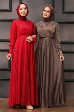 Tesettürlü Abiye Elbise - Robe de soirée hijab en vison foncé 22202KV - 4