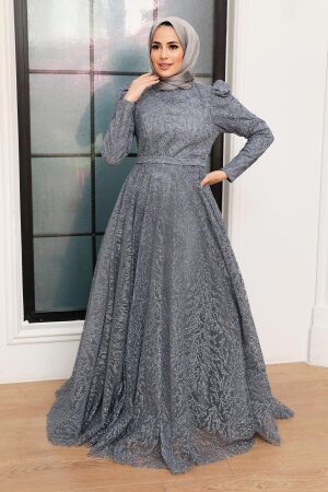 Tesettürlü Abiye Elbise - Robe de Soirée Hijab Grise 22343GR - 3