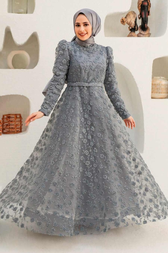Tesettürlü Abiye Elbise - Robe de Soirée Hijab Grise 2238GR - 1