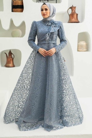 Tesettürlü Abiye Elbise - Robe de Soirée Hijab Grise 22421GR - 1