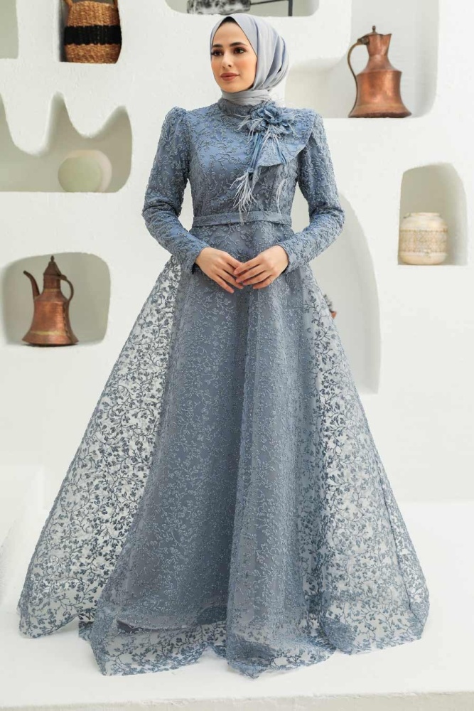 Tesettürlü Abiye Elbise - Robe de Soirée Hijab Grise 22421GR - 1
