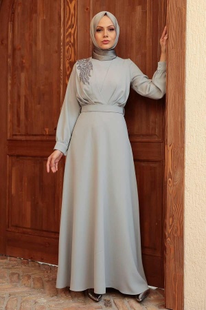 Tesettürlü Abiye Elbise - Robe de soirée Hijab grise 3305GR - 2