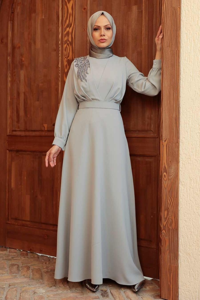 Tesettürlü Abiye Elbise - Robe de soirée Hijab grise 3305GR - 2