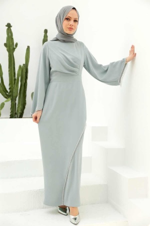 Tesettürlü Abiye Elbise - Robe de Soirée Hijab Grise 33150GR - 1