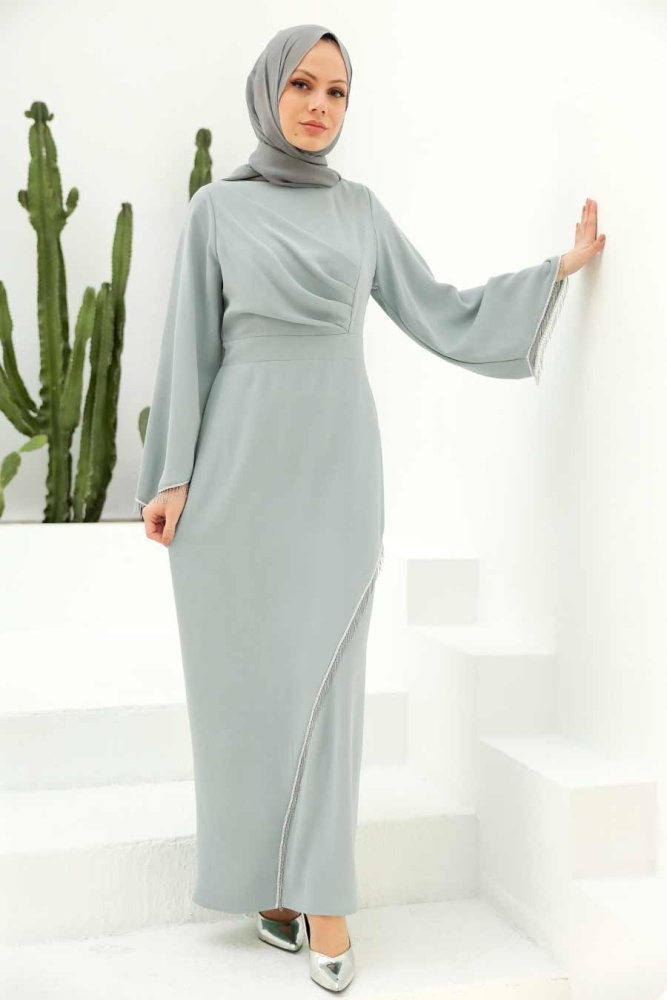 Tesettürlü Abiye Elbise - Robe de Soirée Hijab Grise 33150GR - 1