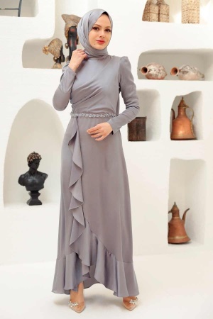 Tesettürlü Abiye Elbise -Robe de Soirée Hijab Grise 3381GR - 1