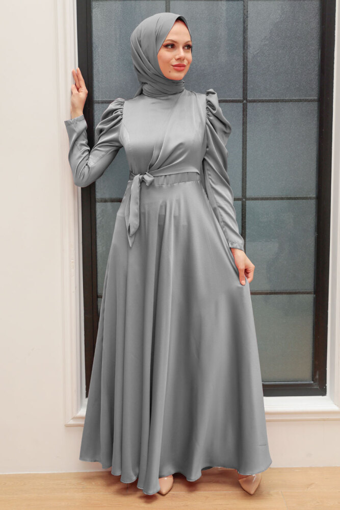 Tesettürlü Abiye Elbise - Robe de Soirée Hijab Grise 4570GR - 1