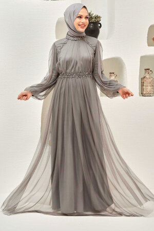 Tesettürlü Abiye Elbise - Robe de Soirée Hijab Grise 9170GR - 1