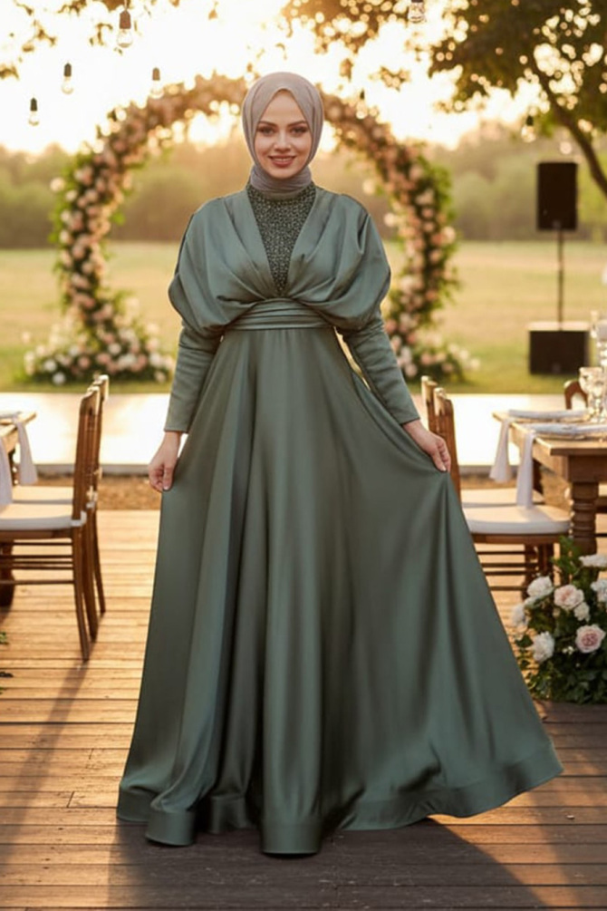 Tesettürlü Abiye Elbise - Robe de Soirée Hijab Kaki 22451HK - 1