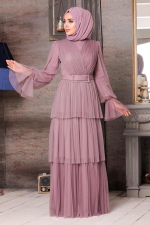 Tesettürlü Abiye Elbise - Robe de Soirée Hijab Lila 21320LILA - 2