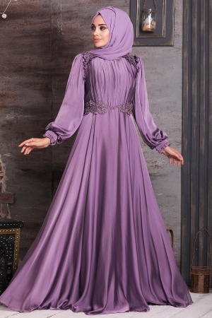 Tesettürlü Abiye Elbise - Robe de Soirée Hijab Lila 21640LILA - 1