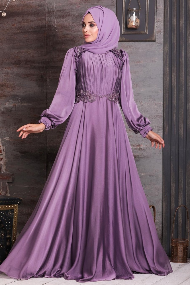 Tesettürlü Abiye Elbise - Robe de Soirée Hijab Lila 21640LILA - 1