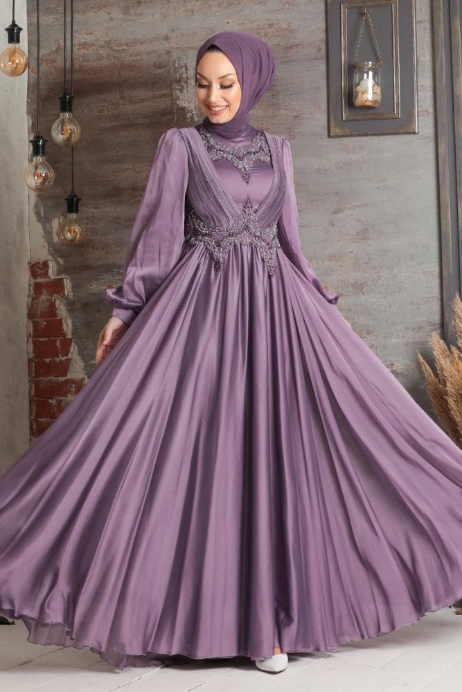 Tesettürlü Abiye Elbise - Robe de Soirée Hijab Lila 21890LILA - 1