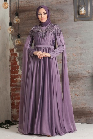 Tesettürlü Abiye Elbise - Robe de Soirée Hijab Lila 21901LILA - 1