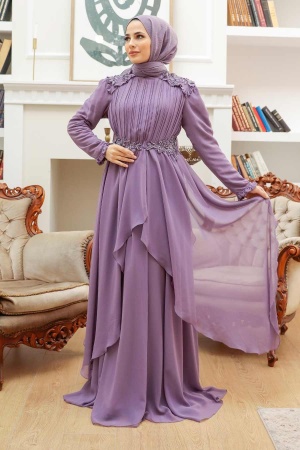 Tesettürlü Abiye Elbise - Robe de soirée Hijab Lila 25807LILA - 1