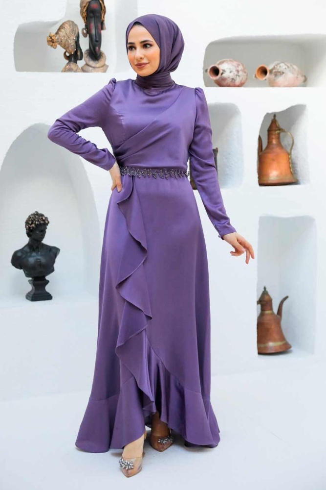 Tesettürlü Abiye Elbise - Robe de Soirée Hijab Lila 3381LILA - 1