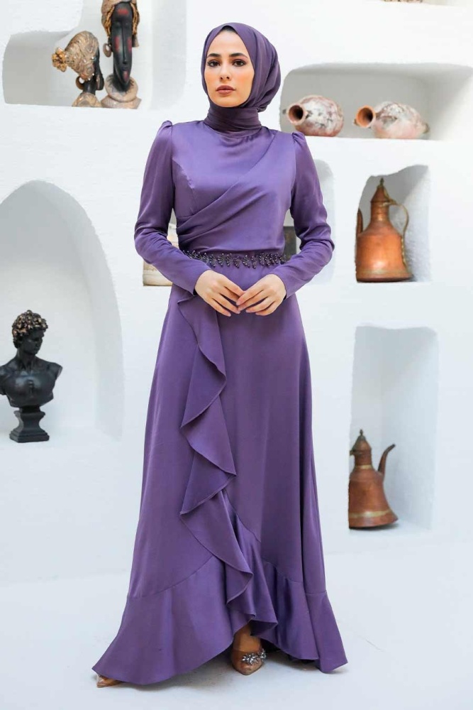 Tesettürlü Abiye Elbise - Robe de Soirée Hijab Lila 3381LILA - 2