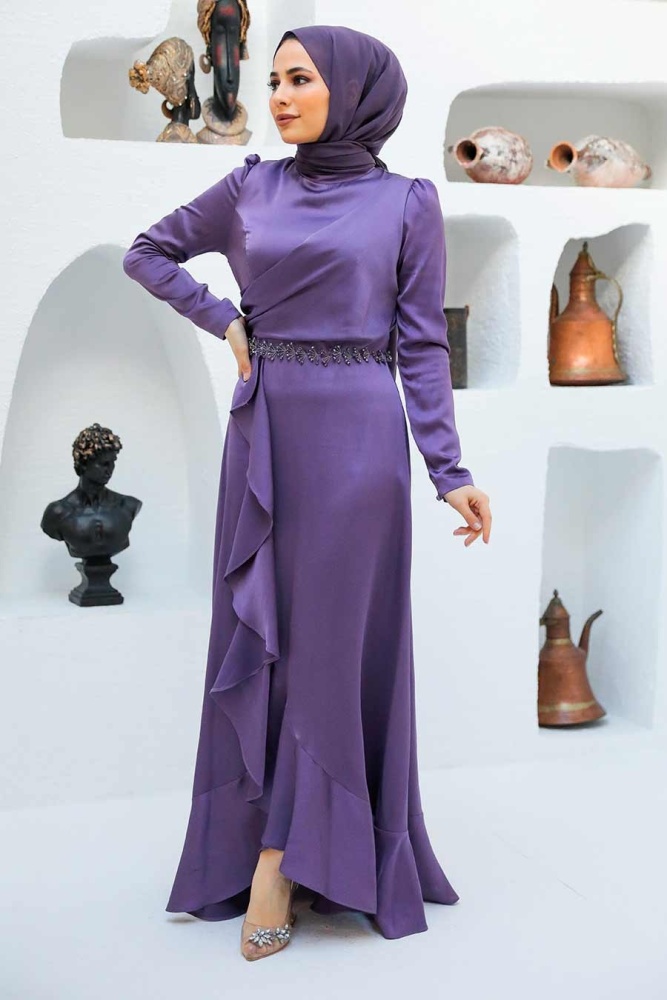 Tesettürlü Abiye Elbise - Robe de Soirée Hijab Lila 3381LILA - 3
