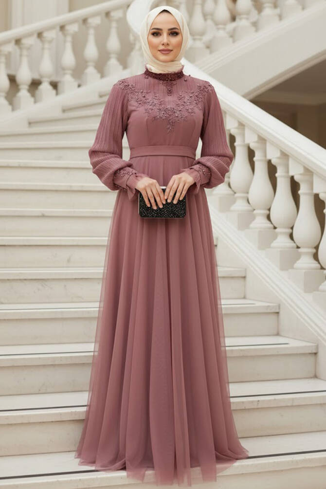 Tesettürlü Abiye Elbise - Robe de soirée Hijab Lila foncé 21780KLILA - 1